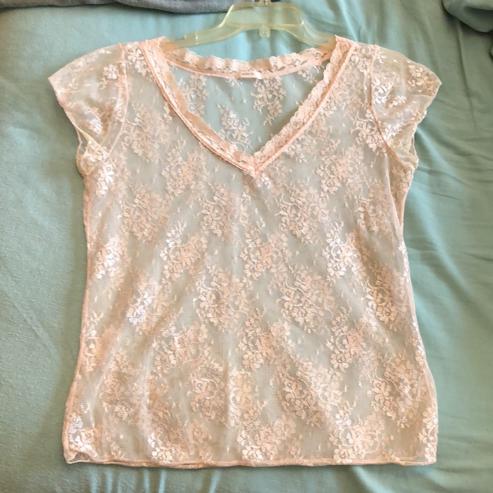 S/M Perfect Fit Sheer Lace Top V Neck Pink Tee Shirt Silver Vintage